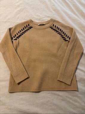 The Cashmere Project 100% Cashmere Beige Crewneck Sweater Black Stitching Size S